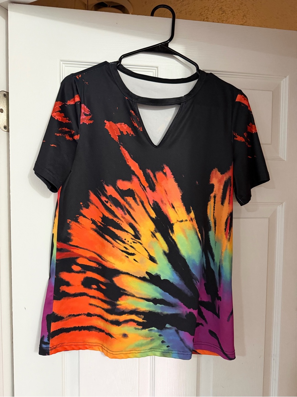 Women's Black Rainbow Tie-Dye Short Sleeve Tee (M)